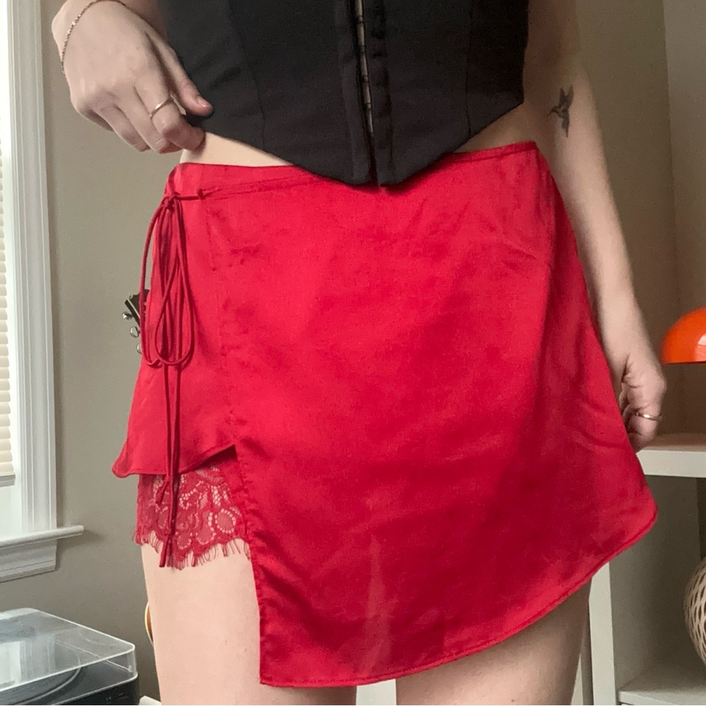 Red Mini Skirt with Lace Panel - Women's